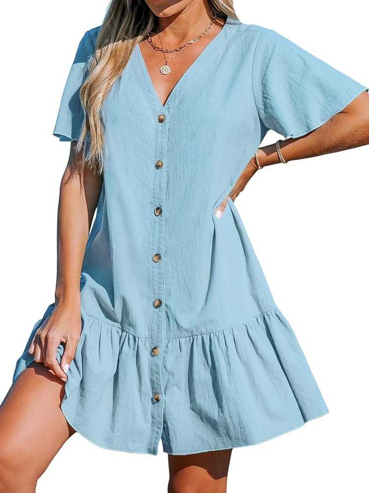 CUPSHE Women's V Neck Button Short Sleeve Flounce Cotton Beach Summer Mini Cover Up Dress