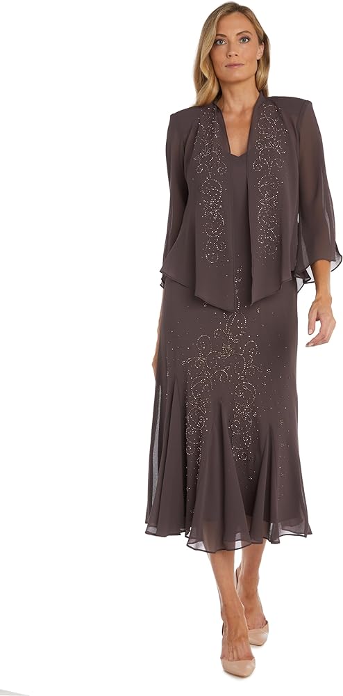 R&M Richards Women's 2 PC Beaded Elegant Jacket Dress, Fig