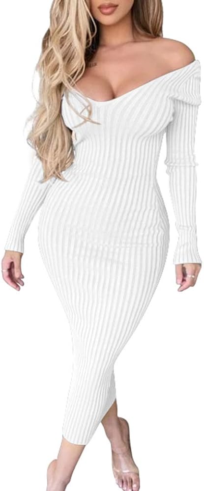 BEAGIMEG Women's Sexy Long Sleeve Off Shoulder Knit Bodycon Long Dress