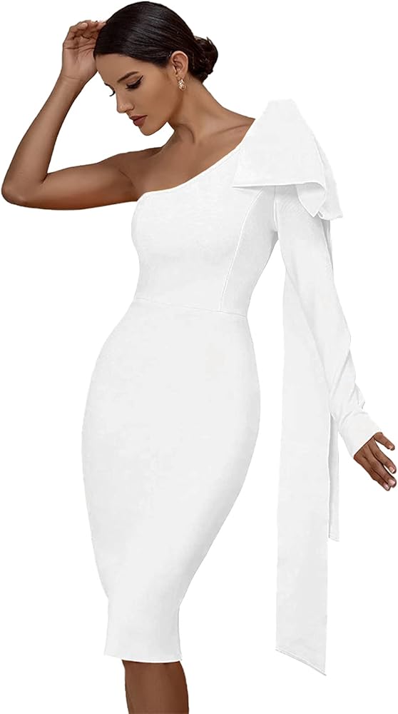 Maketina Womens One Shoulder Ruffle Long Sleeve Bandage Dress Club Cocktail Dresses