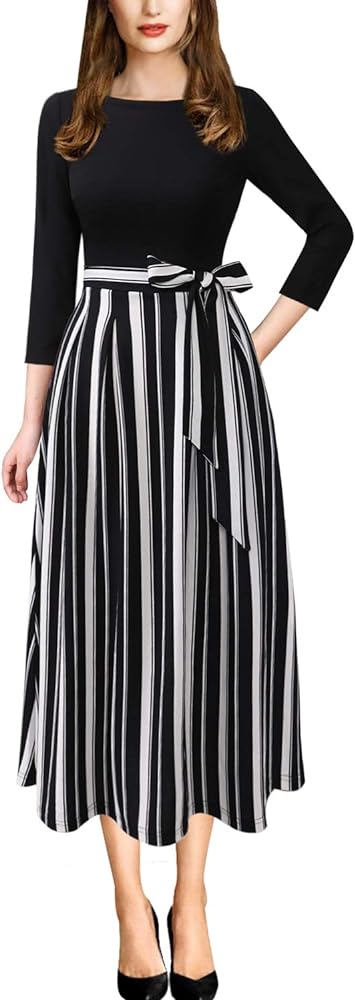 VFSHOW Womens Elegant Pockets Belted Work Business Office Casual Party Pleated A-Line Midi Dress