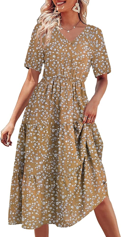 Fisoew Womens Summer Short Sleeve Dress Casual Floral V Neck Ruffle Flowy Tiered Midi Dresses