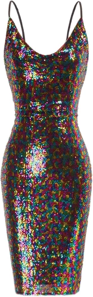 GRACE KARIN Women's Sexy Sequin Sparkly Glitter Cowl Neck Dresses Spaghetti Straps Bodycon Midi Club Party Dress