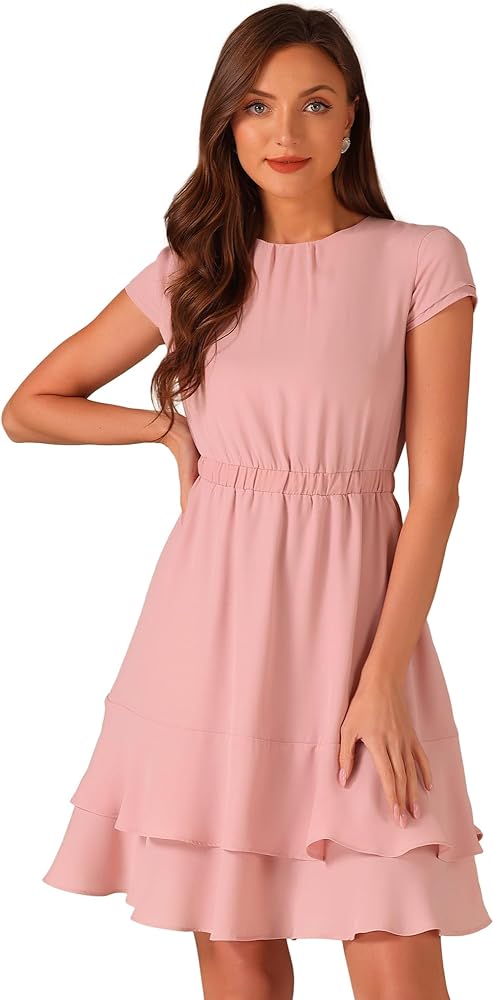 Allegra K Women's Elegant Chiffon A-Line Cap Sleeve Elastic Waist Layered Ruffle Dress