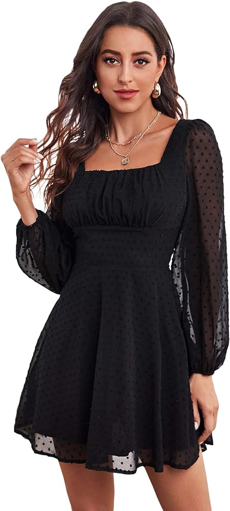 WDIRARA Women's Polka Swiss Dots Mesh Square Neck Lantern Bishop Sleeve Chiffon Dress