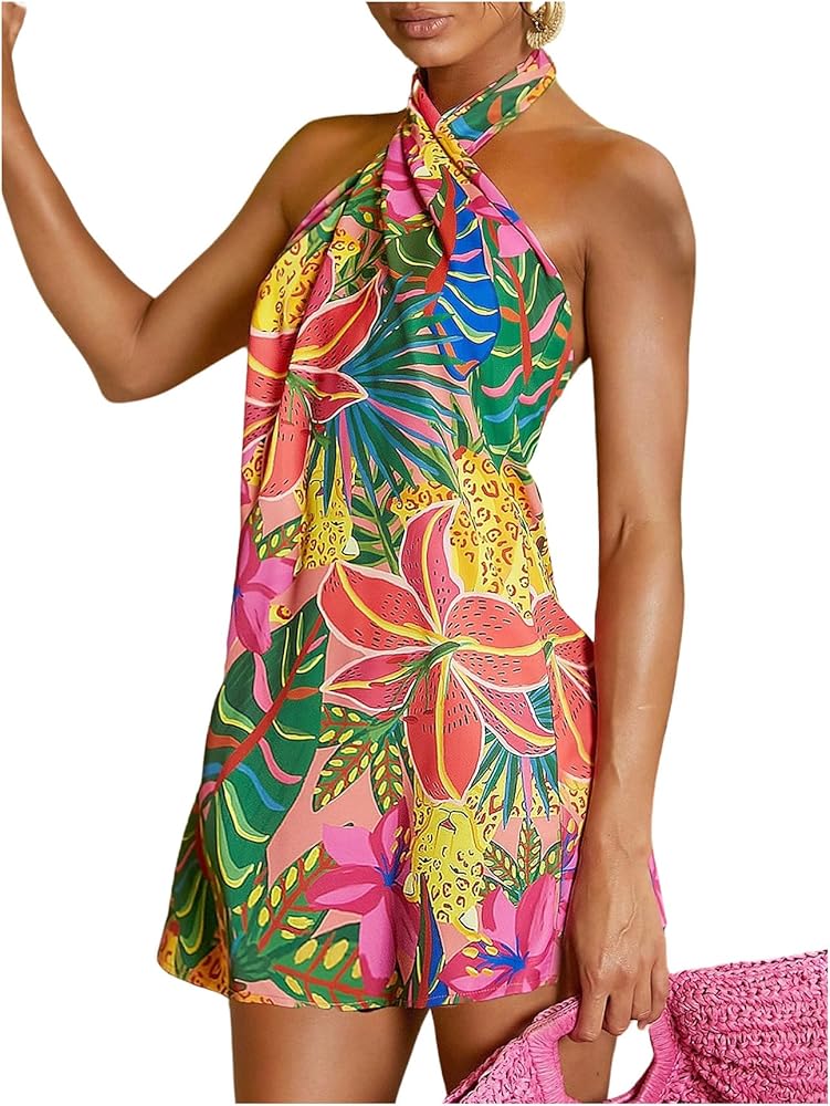 SOLY HUX Women's Tropical Print Crisscross Halter Backless Dress Sleeveless Boho Mini Dresses