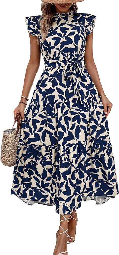 MakeMeChic Women's Casual Floral Print Belted High Waisted A Line Layered Dress Ruffle Cap Sleeve Maxi Long Dress