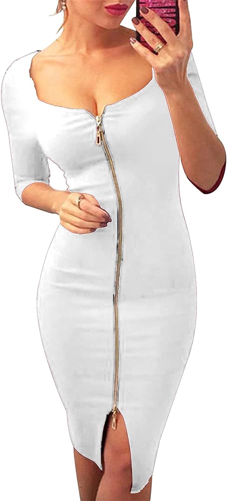 YMING Womens Zipper Front Bodycon Dress 3/4 Sleeve Midi Dresses Sexy Solid Color Club Dress