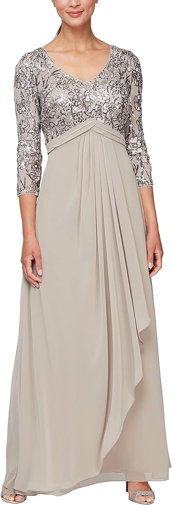 Alex Evenings Women's Long Lace Top Empire Waist Dress, Mink, 18