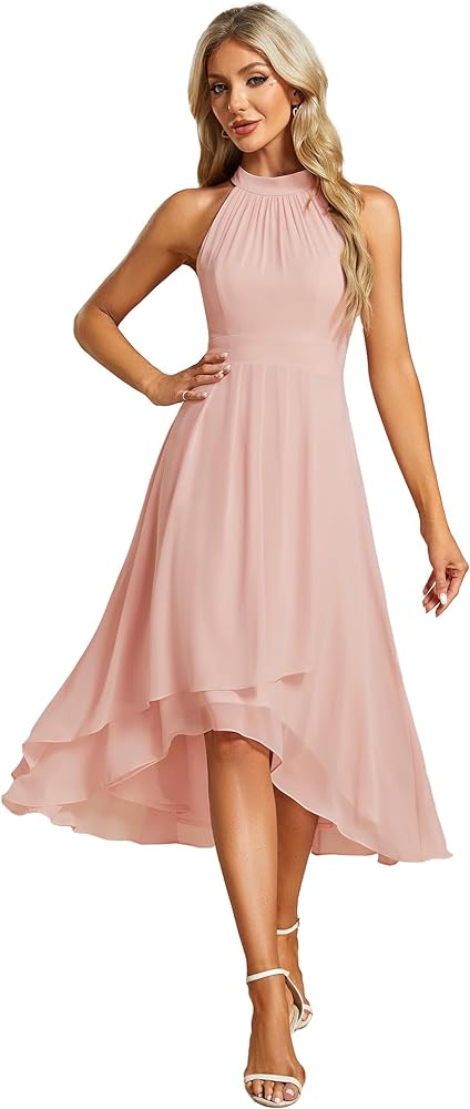 Ever-Pretty Women's 2024 Summer Dress Sleeveless Halter Neck Pletaed High Low Chiffon Formal Dress for Evening Party 31926