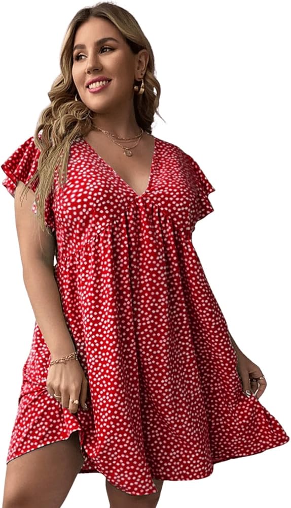 Floerns Women's Plus Size Floral V Neck Ruffle Sleeve Short Summer Dress