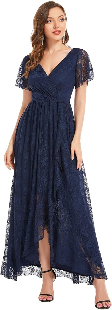 Ever-Pretty Women's Lace V Neck Ruffles Sleeves Pleated Empire Waist A-Line Maxi Formal Dresses 01489