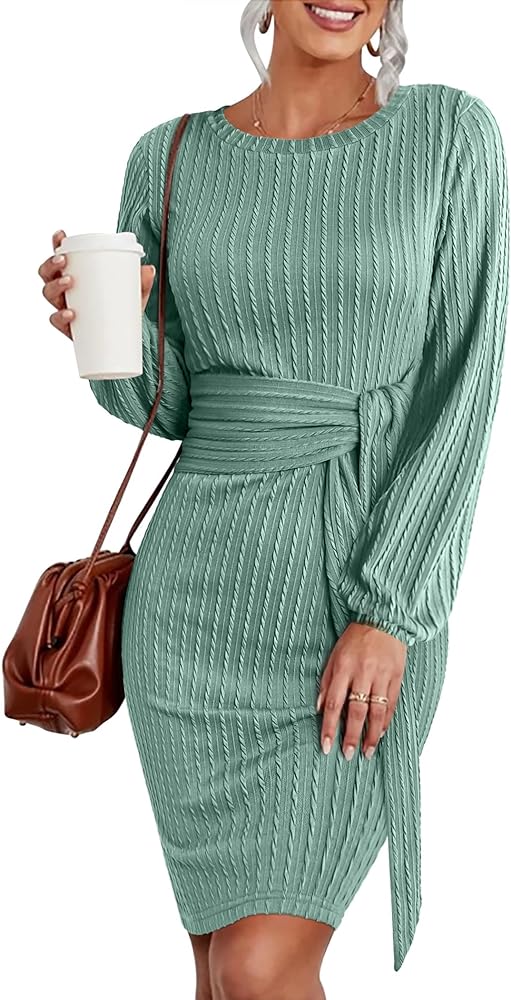 HOTOUCH Women's Casual Knit Dress Long Lantern Sleeve Fall Bodycon Dress Crewneck Tie Waist Rib Knitted Sweater Dresses