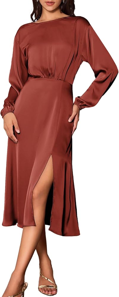 GRACE KARIN Women's Long Sleeve Satin Wedding Guest Dress with Slit Elegant Boat Neck High Waist A-Line Midi Dress