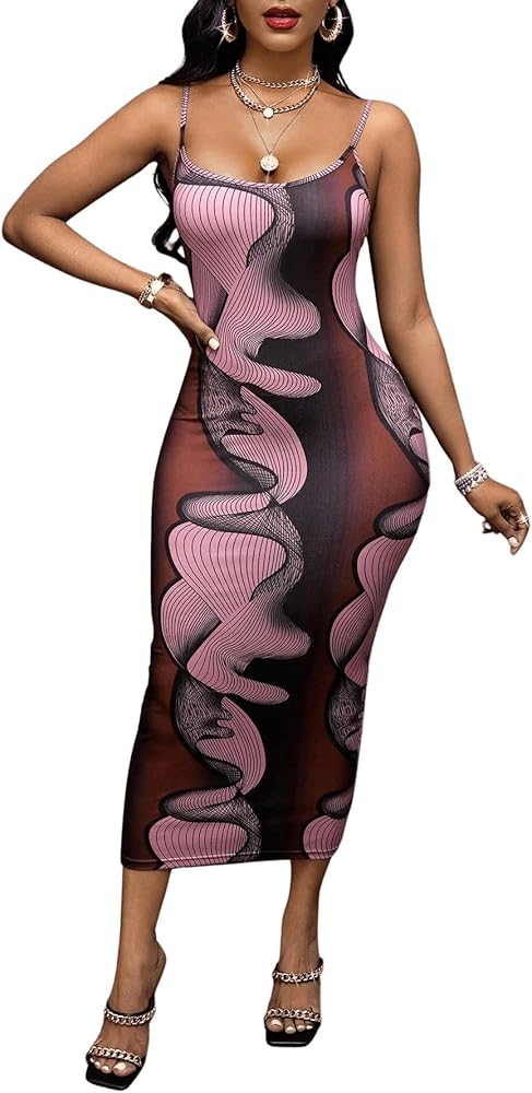 SOLY HUX Women's Graphic Print Cami Dress Spaghetti Strap Bodycon Pencil Midi Dresses