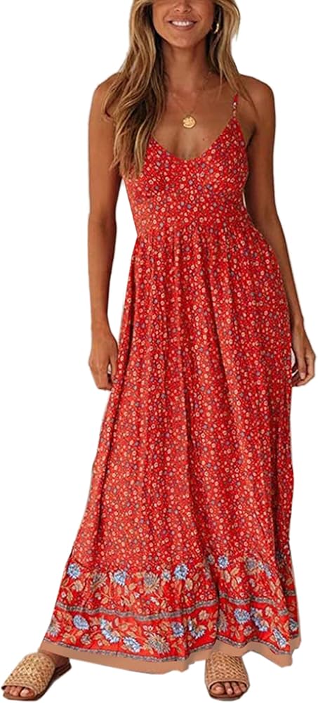 Angashion Women's Dresses Floral Adjustable Spaghetti Strap V Neck Boho Long Maxi Dress Summer Beach Flowy Ethnic Sundress