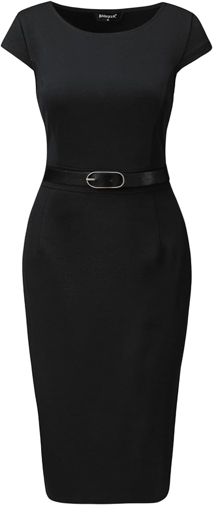 Allegra K Business Sheath Dress for Women's Cap Sleeve Office Work Elegant Belted Dress