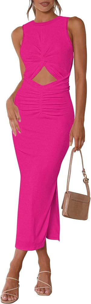 Ceuplon Women's Summer Bodycon Dresses Casual Crew Neck Side Slit Sleeveless Ribbed Cut Out Tank Top Long Dress