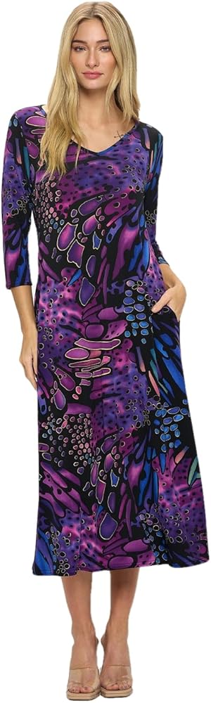 Jostar Women's Casual Long Dress – 3/4 Sleeve V-Neck Casual Print Solid One Piece with Pockets