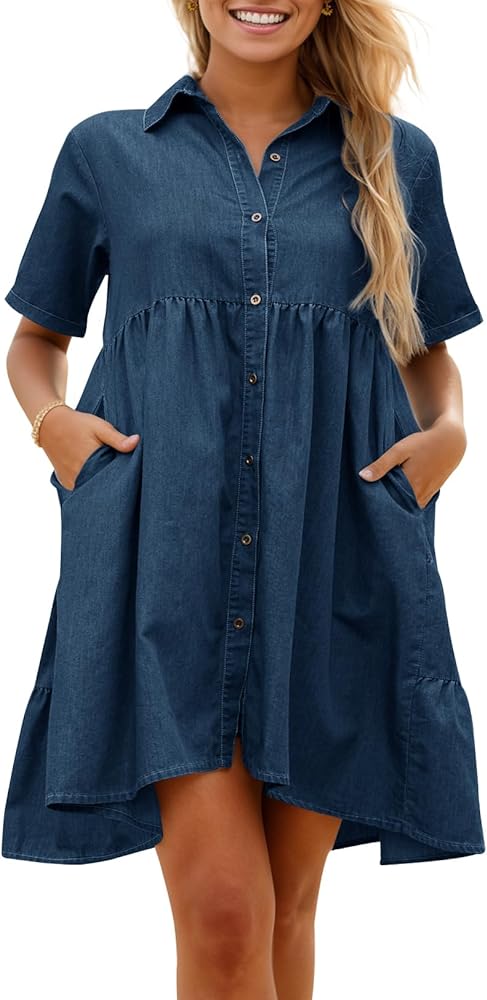 Women's Denim Babydoll Dress Short Sleeve Collared Button Down Tiered Summer Flowy Jean Dresses with Pockets