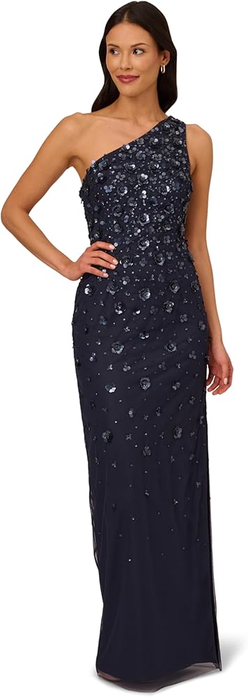 Adrianna Papell Women's One Shoulder Beaded Gown, Dusty Navy