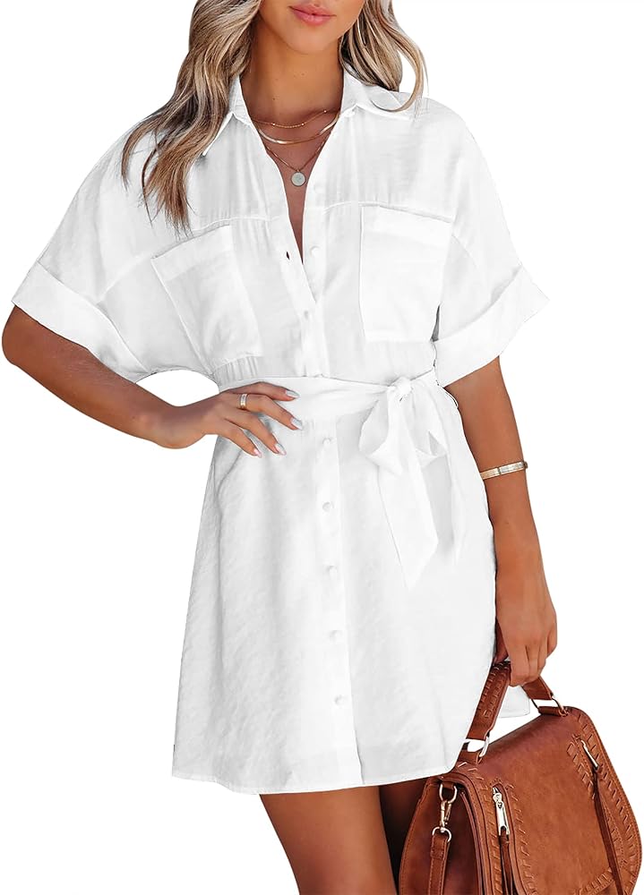 Zeagoo Women's Shirt Dress Button Down Summer Casual Short Sleeve Tunic Tops Mini Dresses with Belt