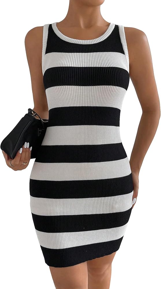 Verdusa Women's Knit Dress Striped Round Neck Sleeveless Knitted Short Bodycon Tank Sweater Dress