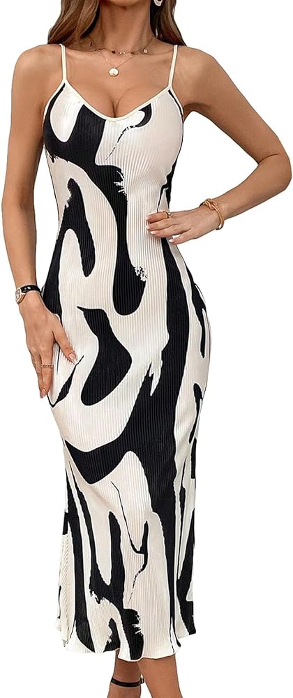 Floerns Women's Graphic Print Spaghetti Strap Knitted Party Bodycon Long Dress