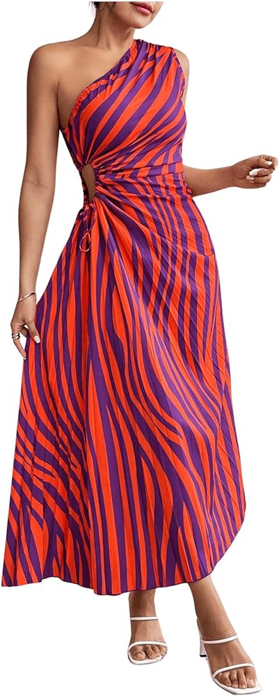 MakeMeChic Women's Casual Striped Cut Out One Shoulder Sleeveless High Waist Summer A Line Maxi Dresses