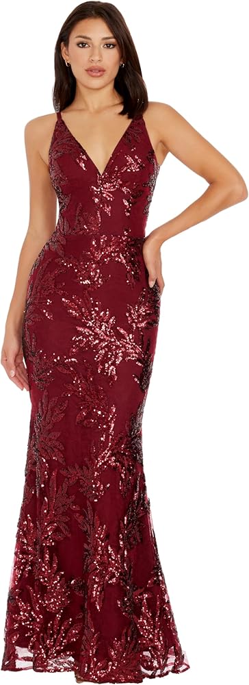 Dress the Population Women's Sharon Sequin, Maxi, Mermaid, V-Neck Gown, Burgundy, X-Large