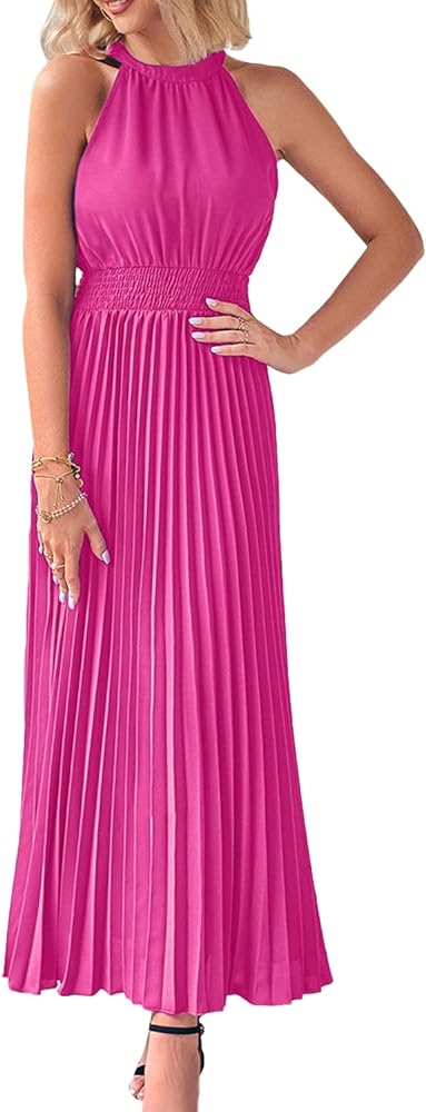 PRETTYGARDEN Women's Long Sun Dresses Sleeveless Halter Neck Flowy Pleated Maxi Cocktail Party Dress