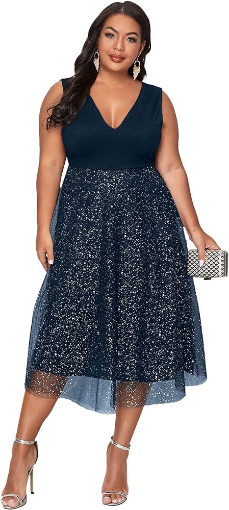 Floerns Women's Plus Size V Neck Sleeveless Sequin Cocktail Party Midi Dress