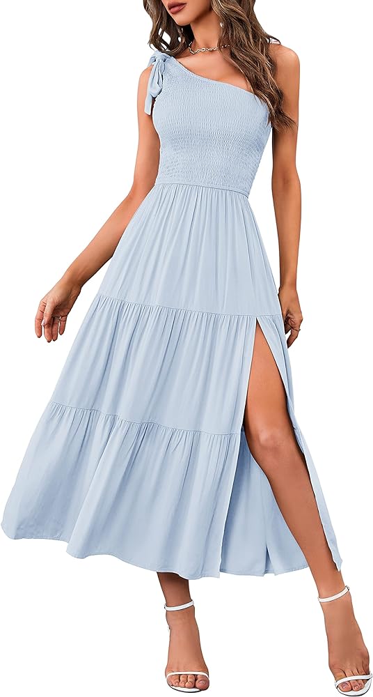 MEROKEETY Women's Summer One Shoulder Sleeveless Knot Smocked Midi Dress Split Tiered Flowy Dresses