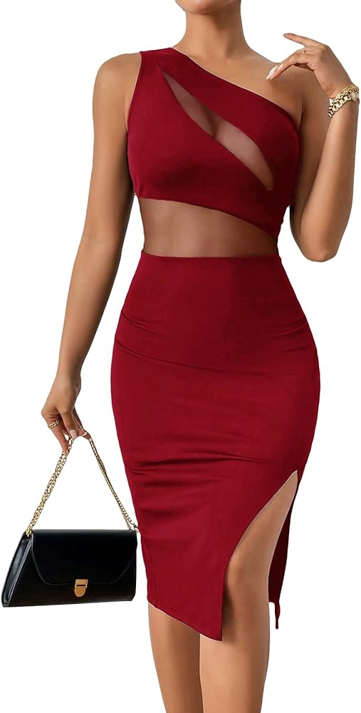 SOLY HUX Women's One Shoulder Mesh Split Thigh Bodycon Dress See Through Sexy Tank Party Club Mini Dresses