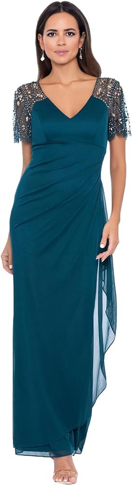 Xscape Women's V-Neck Beaded Flutter Sleeve Sheer Matte Jersey Long Dress