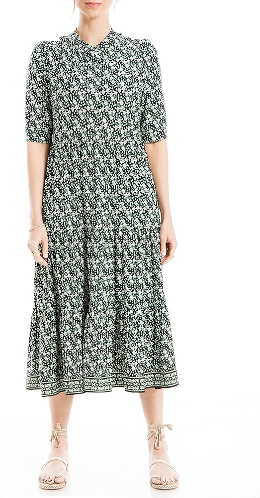 Max Studio Women's Elbow Cuffed Sleeve Button Placket Midi Dress