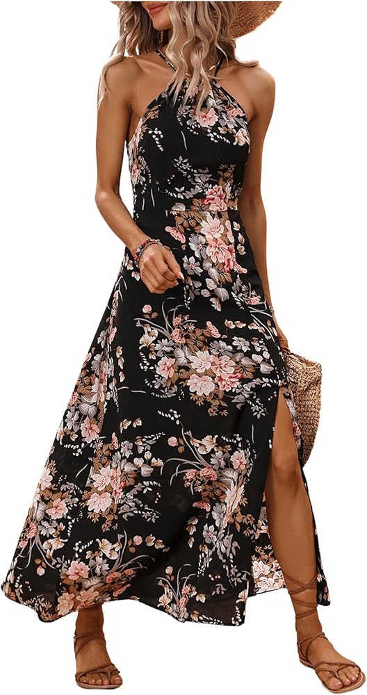 Floerns Women's Floral Print Sleeveless Slit Hem Halter Neck A Line Long Dress