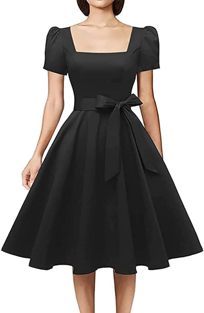 OBBUE Women's Square Neck Dress Vintage 1950s Cocktail Party Dress with Puff Sleeves