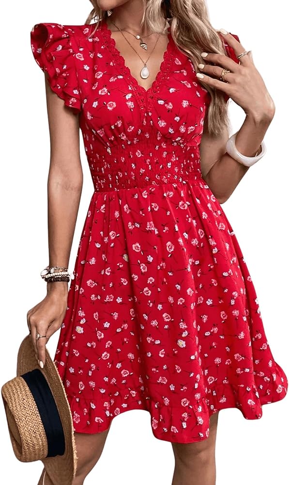 Milumia Women's Ditsy Floral Ruffle Cap Sleeve V Neck A Line Short Swing Dress