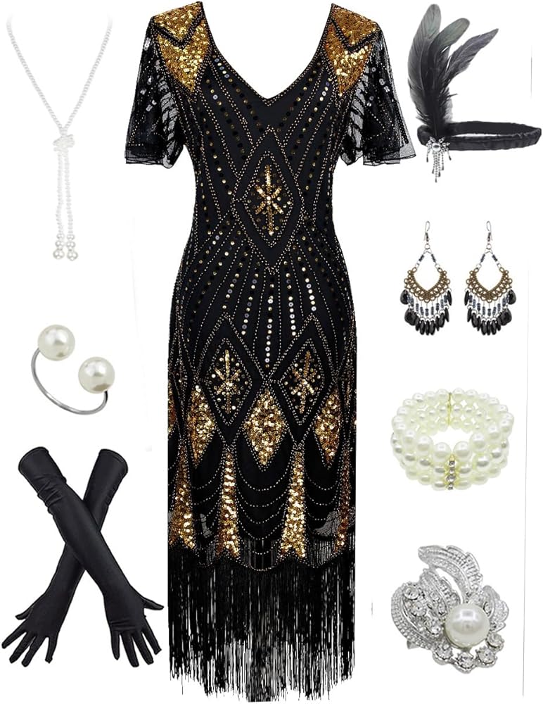 Women's 1920s Gatsby Inspired Sequin Beads Long Fringe Flapper Dress w/Accessories Set