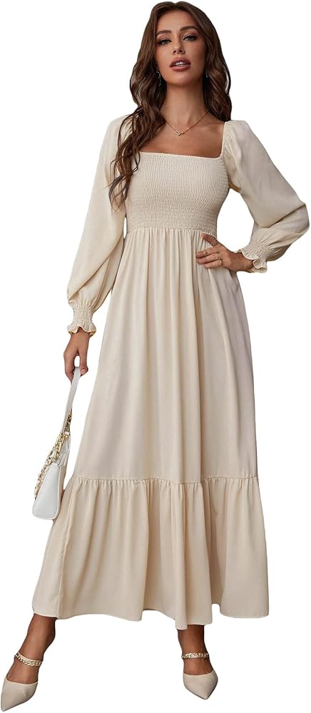 WDIRARA Women's Square Neck Flounce Shirred Ruffle Hem Elegant Long Sleeve Maxi Dress