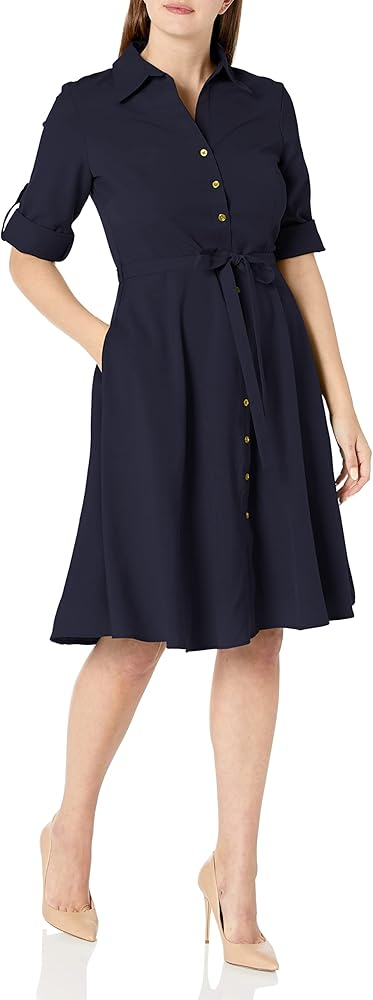 Sharagano Women's Button Front Pleated Shirt Casual Dress, Deep Navy, 6