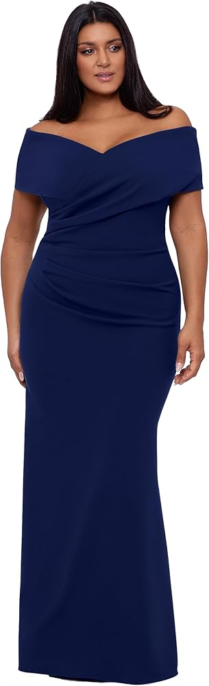 Betsy & Adam Women's Plus Size Long Off The Shoulder Scuba Crepe Dress