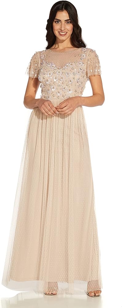 Adrianna Papell Women's 3D Beaded Point D'esprit Gown