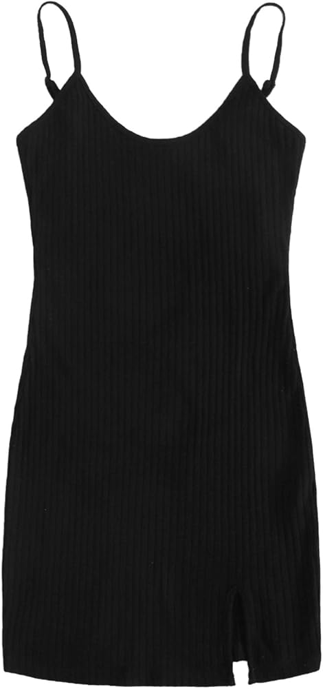 Floerns Women's Casual Solid Sleeveless Cami Split Hem Ribbed Knit Bodycon Mini Dress