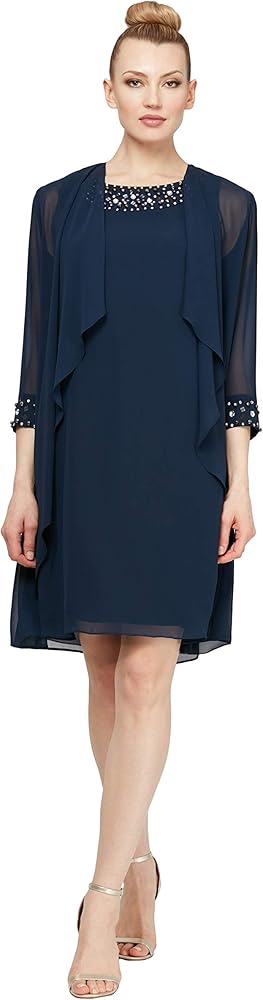 S.L. Fashions Women's Chiffon Tier Jacket Dress with Beaded Neck and Cuffs