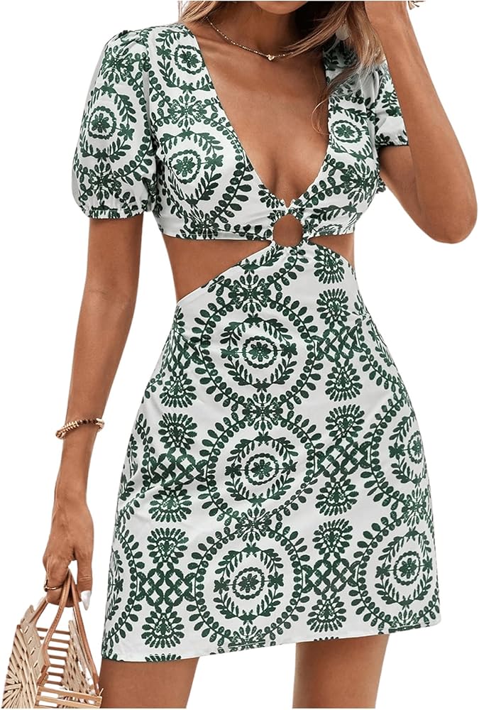 WDIRARA Women's Boho Print Deep V Neck Ring Cut Out Waist Puff Short Sleeve Dress