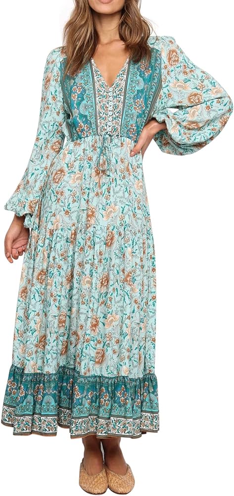 R.Vivimos Women's Long Sleeve Cotton V-Neck Button Up Floral Print Boho Flowy Midi Dresses