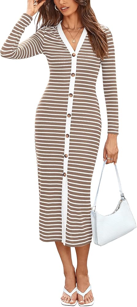 BTFBM Women Casual Long Sleeve Dress Fall Dresses 2024 Striped Midi Dresses Decorative Button Ribbed Knit Dresses