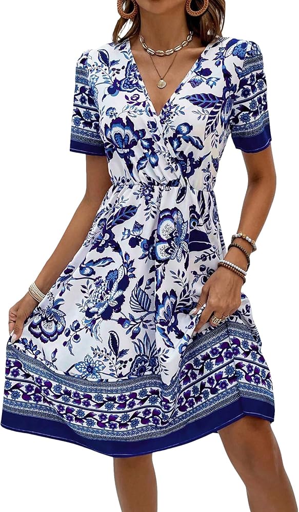 OYOANGLE Women's Boho Floral Print Short Sleeve Dress Wrap V Neck High Waist A Line Summer Dresses